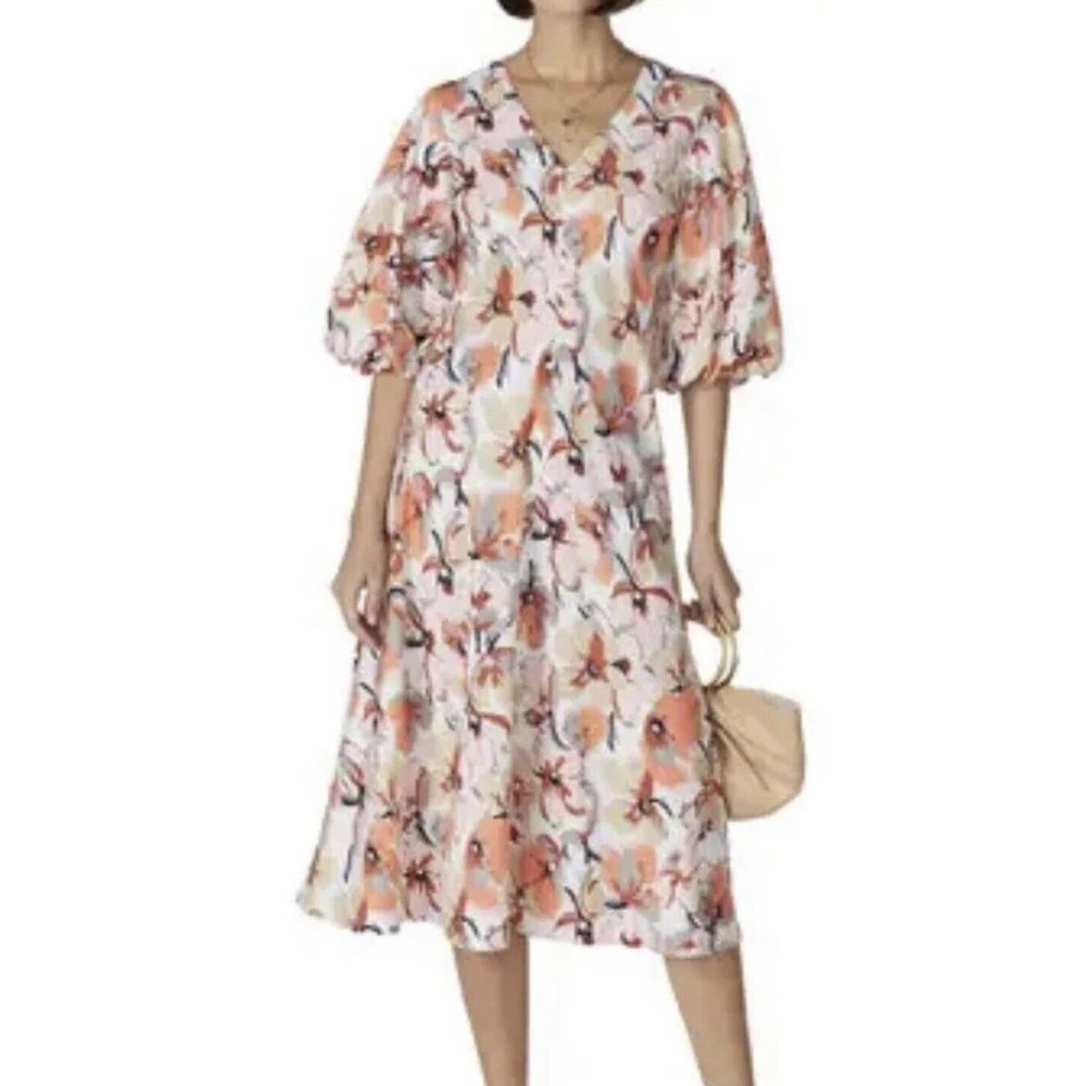 Caara dress M White Orange Tan Floral Long Dress Balloon Sleeves Zip Back V Neck